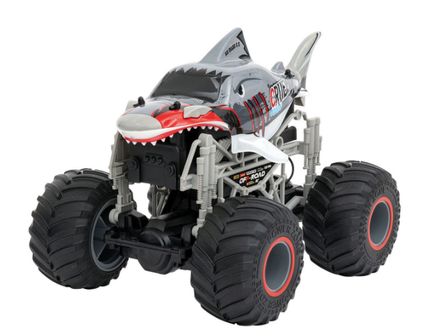 Monster-Truck-Spielzeug im Hai-Design. Graue, weiße, rote Farben. Weißer Hintergrund.