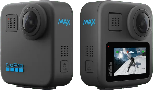 Due fotocamere GoPro Max. Una mostra uno schermo con uno sciatore. L'altra fotocamera è una vista laterale. Colore nero.