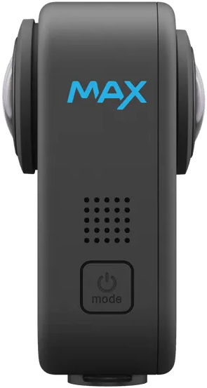 Fotocamera GoPro Max nera con la scritta MAX in lettere blu e pulsante modalità.