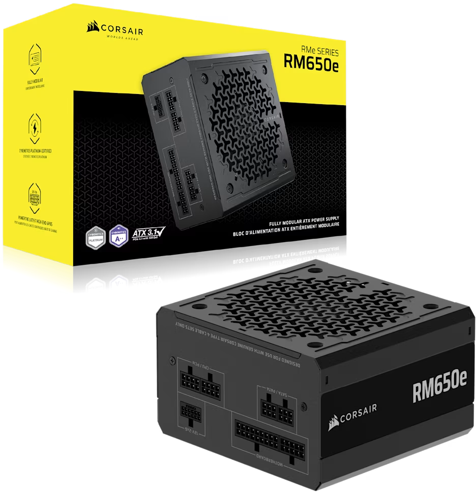 Corsair RM650e Netzteil, dargestellt mit der Box. Das Netzteil ist schwarz mit Mesh-Design.