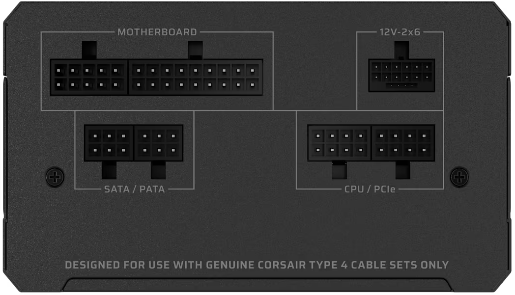 Schwarze Netzteil-Anschlüsse für Motherboard, SATA/PATA und CPU/PCIe.