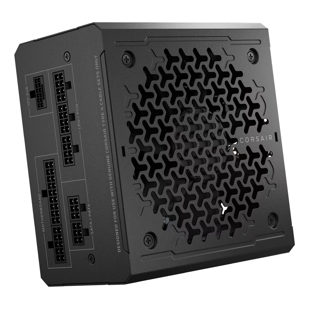 Schwarzes Corsair-Netzteil mit offenem Gitterdesign, zeigt Anschlüsse für verschiedene Kabel.