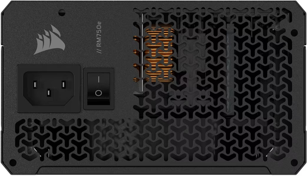 Ein schwarzes Computer-Netzteil mit Netzschalter und Stecker.