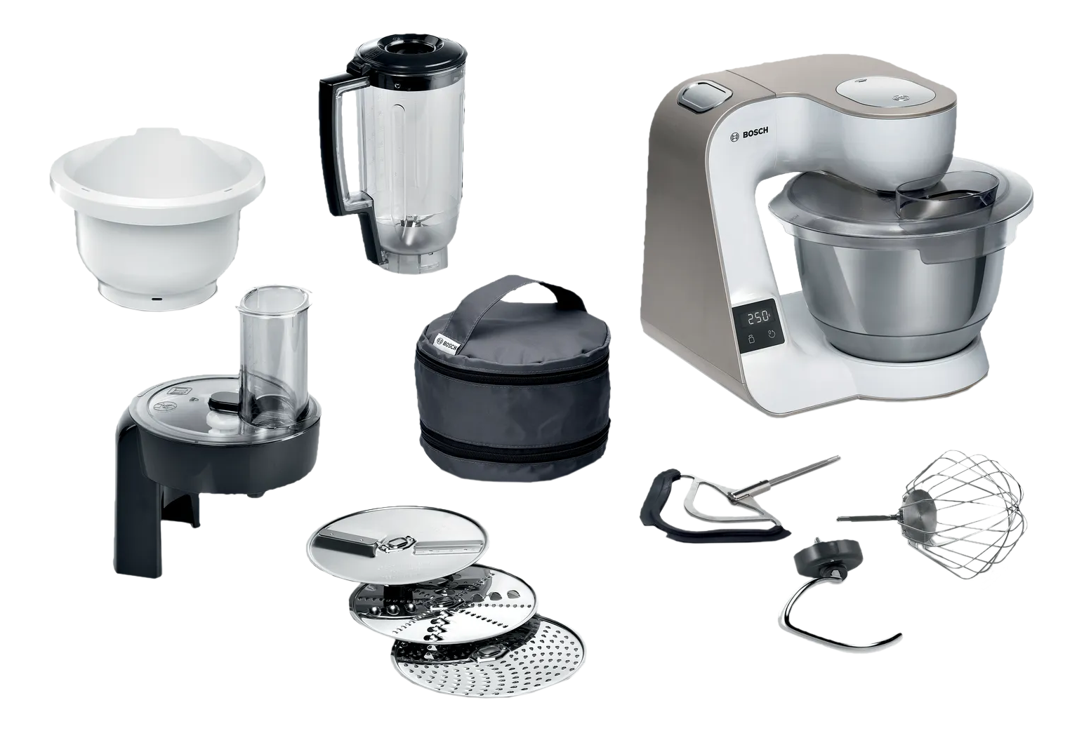 Verschiedene Küchengeräte-Teile. Enthält einen Mixer mit Schüssel, Mixer, Küchenmaschine und verschiedene Aufsätze.