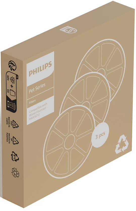 Ein Karton mit Philips Haustier-Serienfiltern. Die Box zeigt drei runde Filter und Produktdetails.
