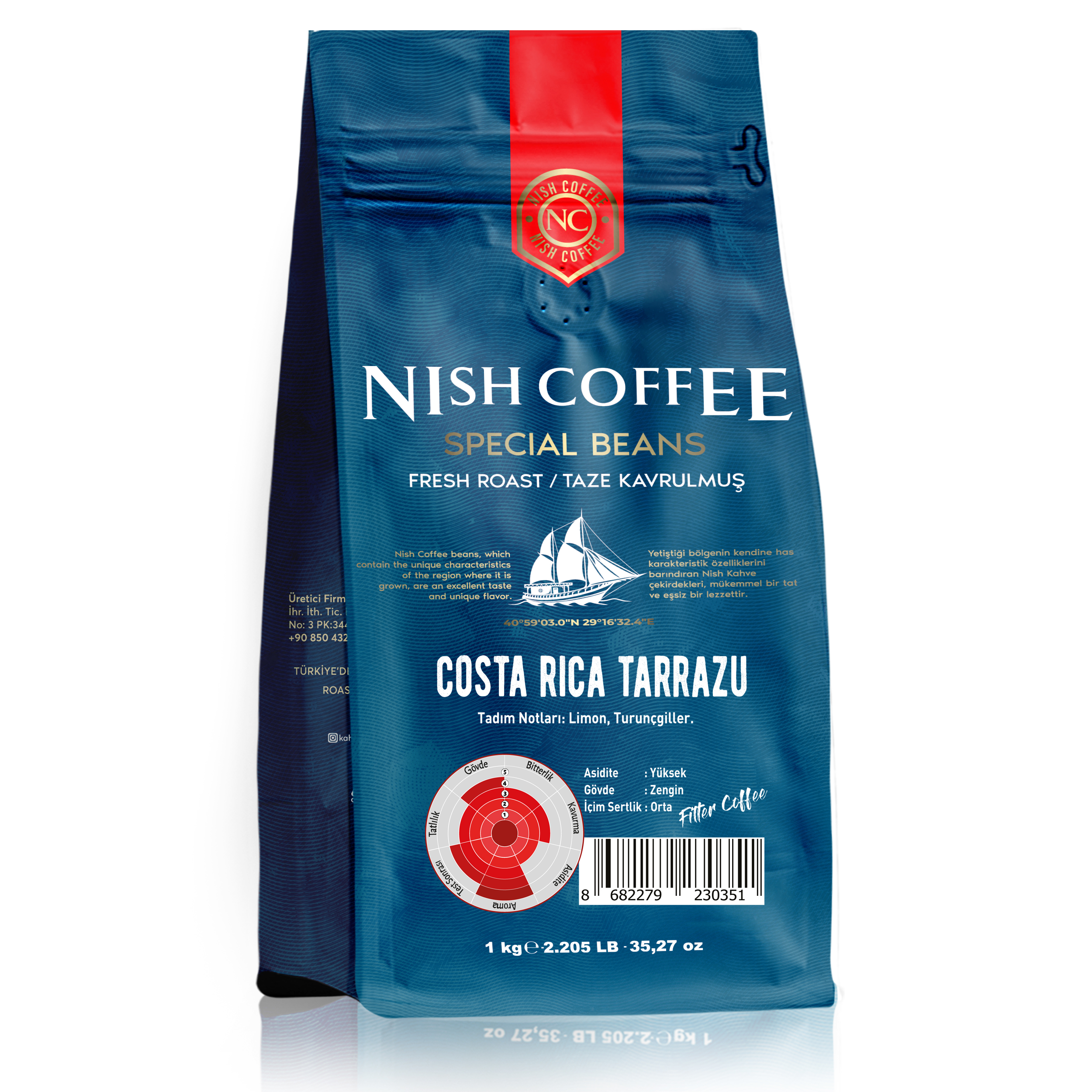 Nish Coffee, Costa Rica Tarrazu poşeti, metin ve bir kahve aroması profili diyagramı ile.