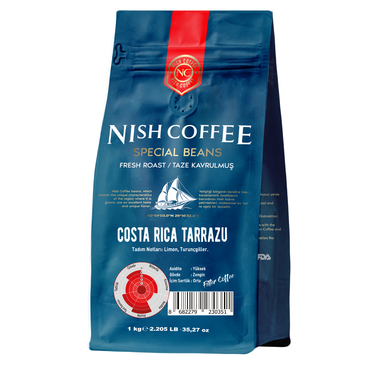 'Nish Coffee' etiketli mavi bir kahve poşeti, Costa Rica Tarrazu karışımını tat notları ve detaylarla gösteriyor.