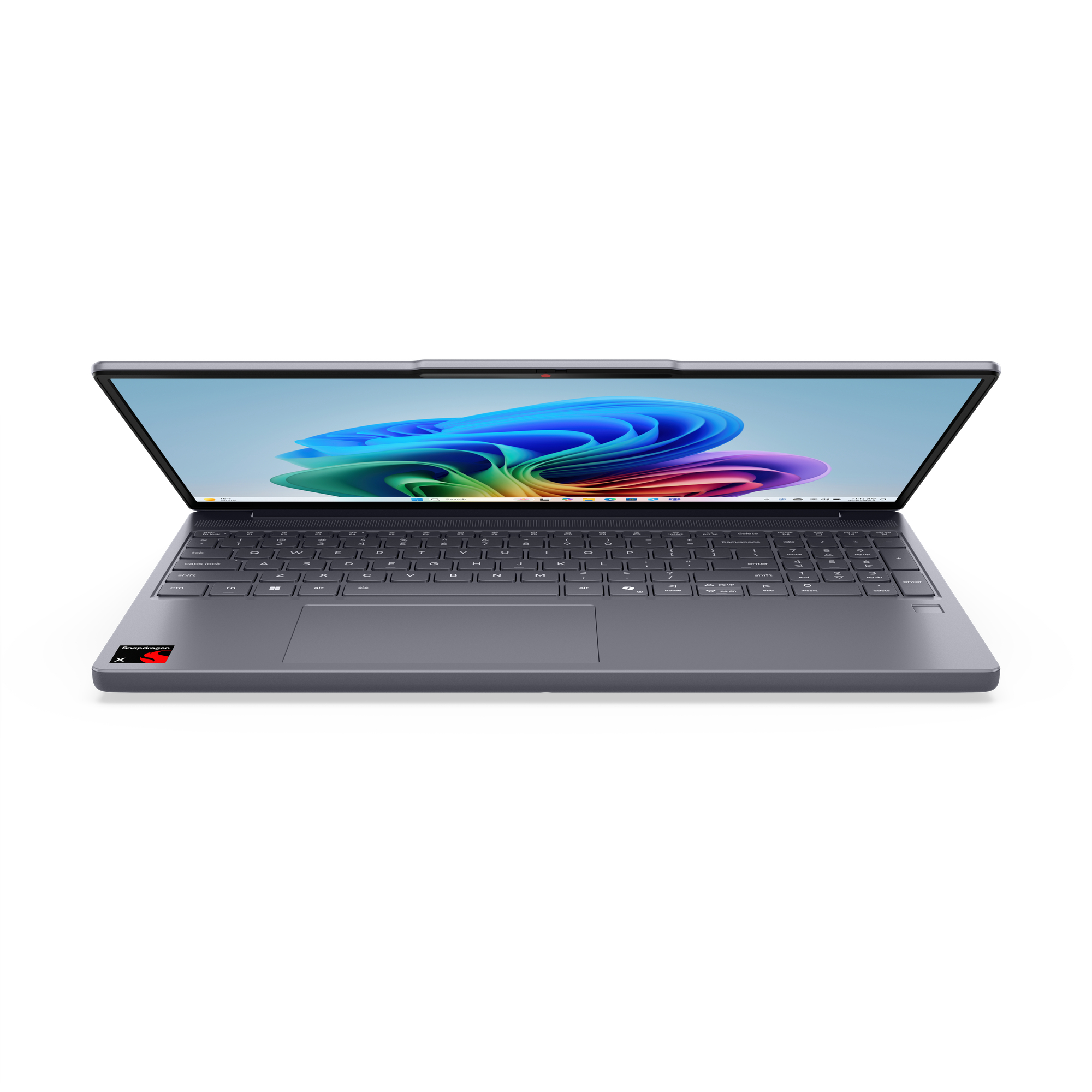 Ein grauer Laptop, dessen Bildschirm ein farbenfrohes abstraktes Bild zeigt, weißer Hintergrund.