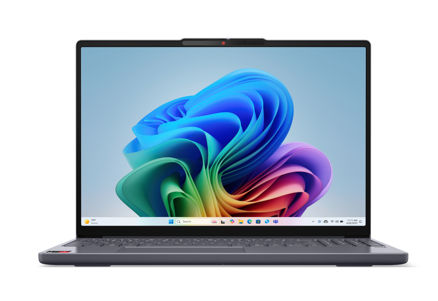 Offener Laptop mit farbenfrohem, abstraktem Bild. Der Laptop befindet sich auf weißem Hintergrund.