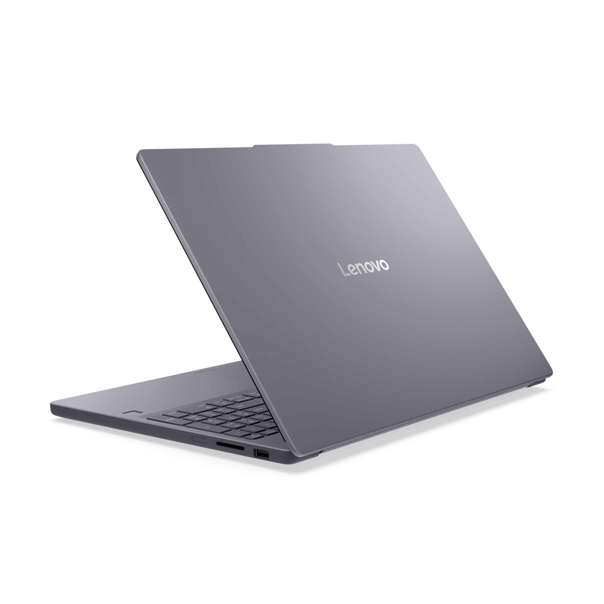 Lenovo Laptop, grauer Rücken. Mit dem Lenovo-Logo. Das Display ist geschlossen. Weißer Hintergrund.