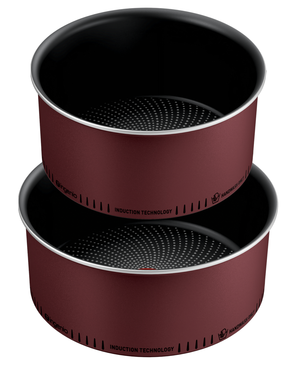 Dwa bordowe garnki kuchenne ułożone jeden na drugim.