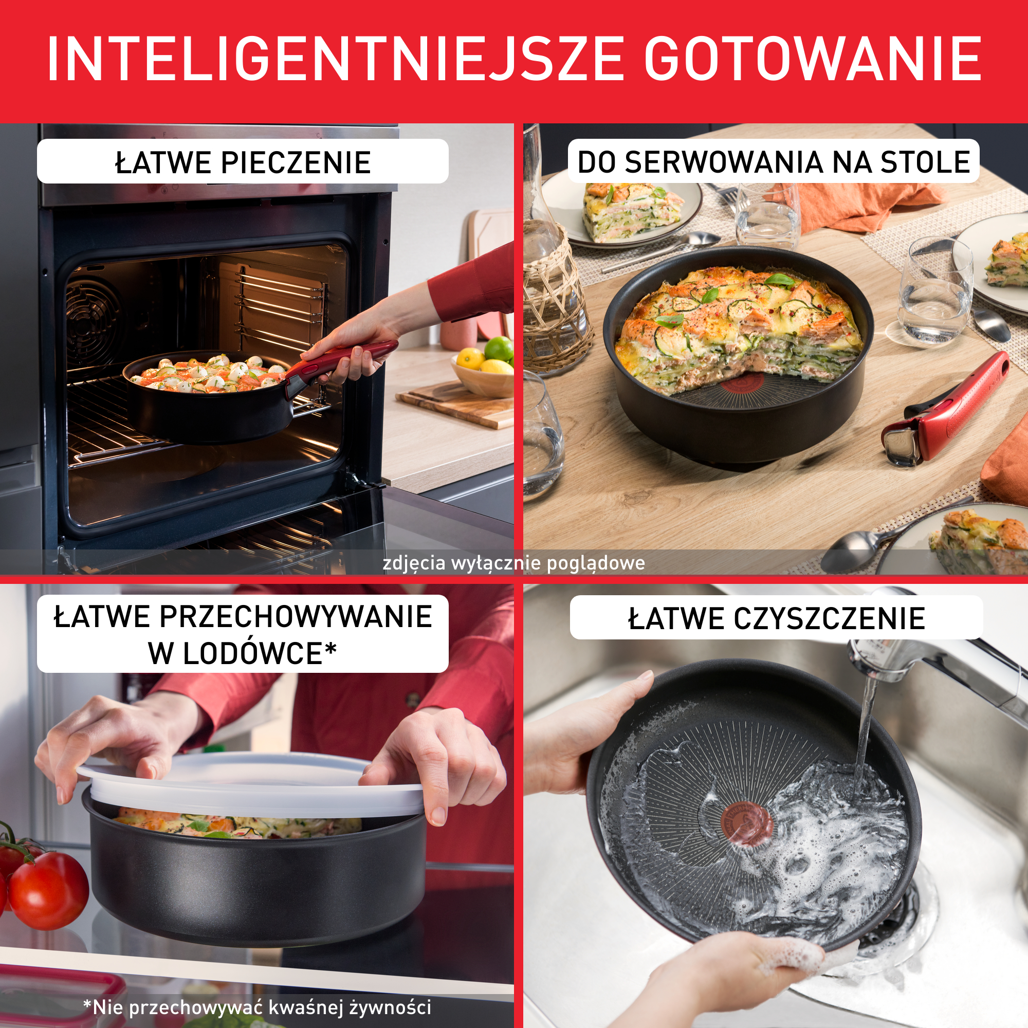 Cztery obrazy pokazujące łatwe pieczenie, serwowanie, przechowywanie w lodówce i czyszczenie patelni.