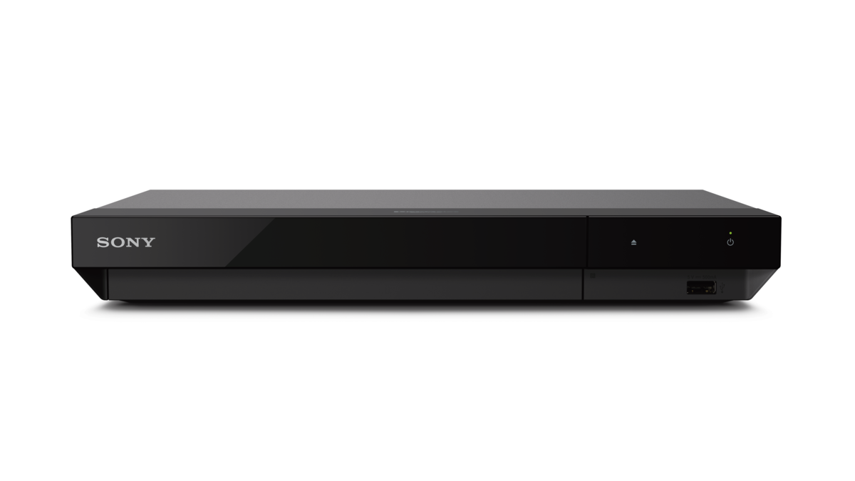 Reproductor Blu-ray negro, vista frontal, con botón de encendido y puerto USB.