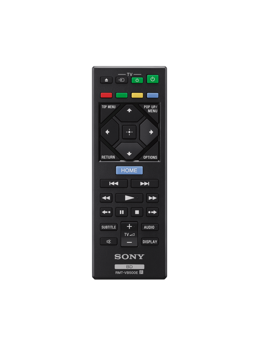 Un mando a distancia Sony negro con muchos botones, incluido un botón de inicio.