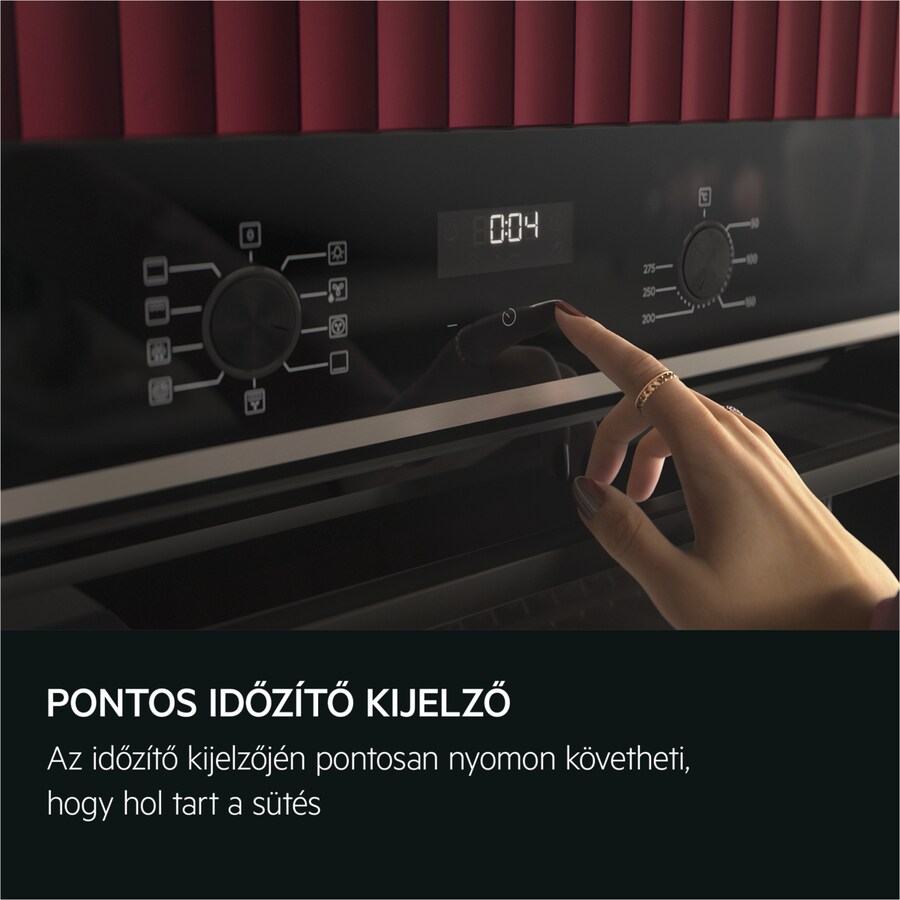 A sütő kijelzője 0:04-et mutat, és egy kéz megérint egy gombot, szöveggel: Pontos időjelző.