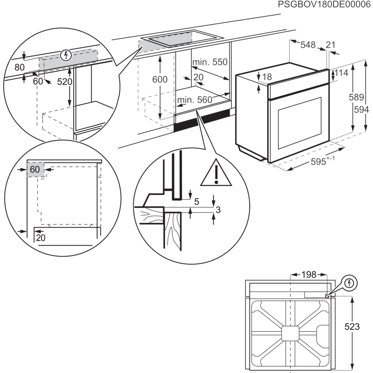 Beépített sütő műszaki diagramja. Méreteket, szerelési részleteket és kivágási méreteket mutat.