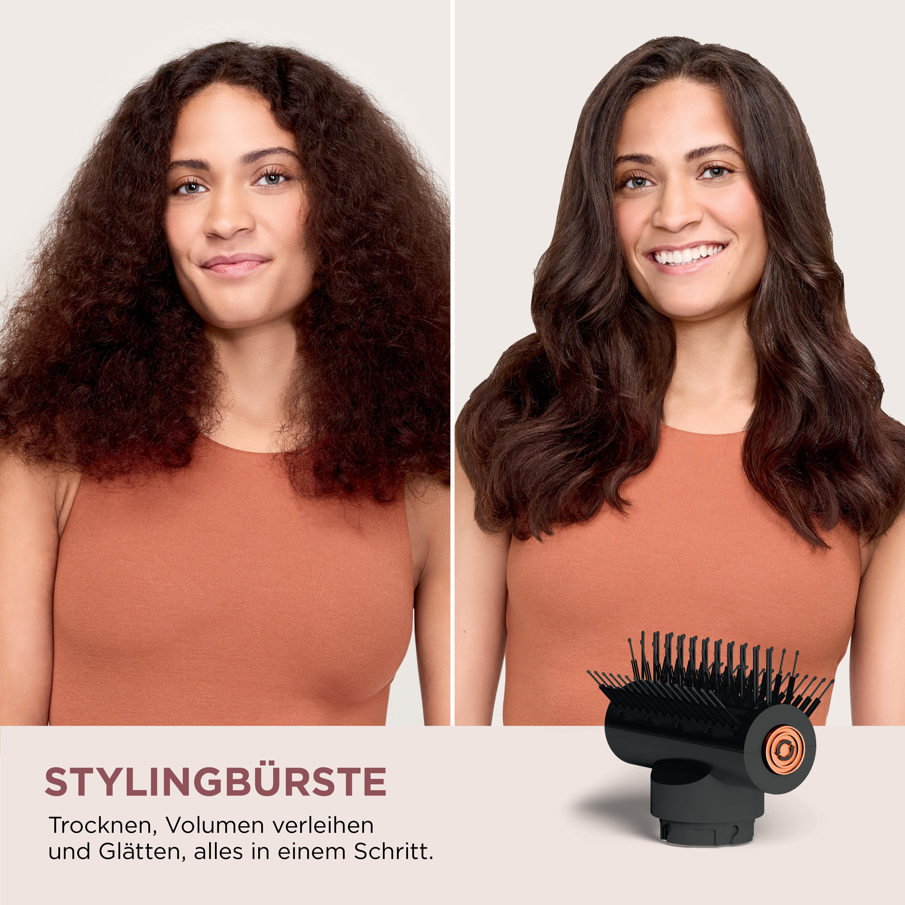 Zwei Frauen, vor und nach der Verwendung einer Stylingbürste, zeigen ihre Haare.