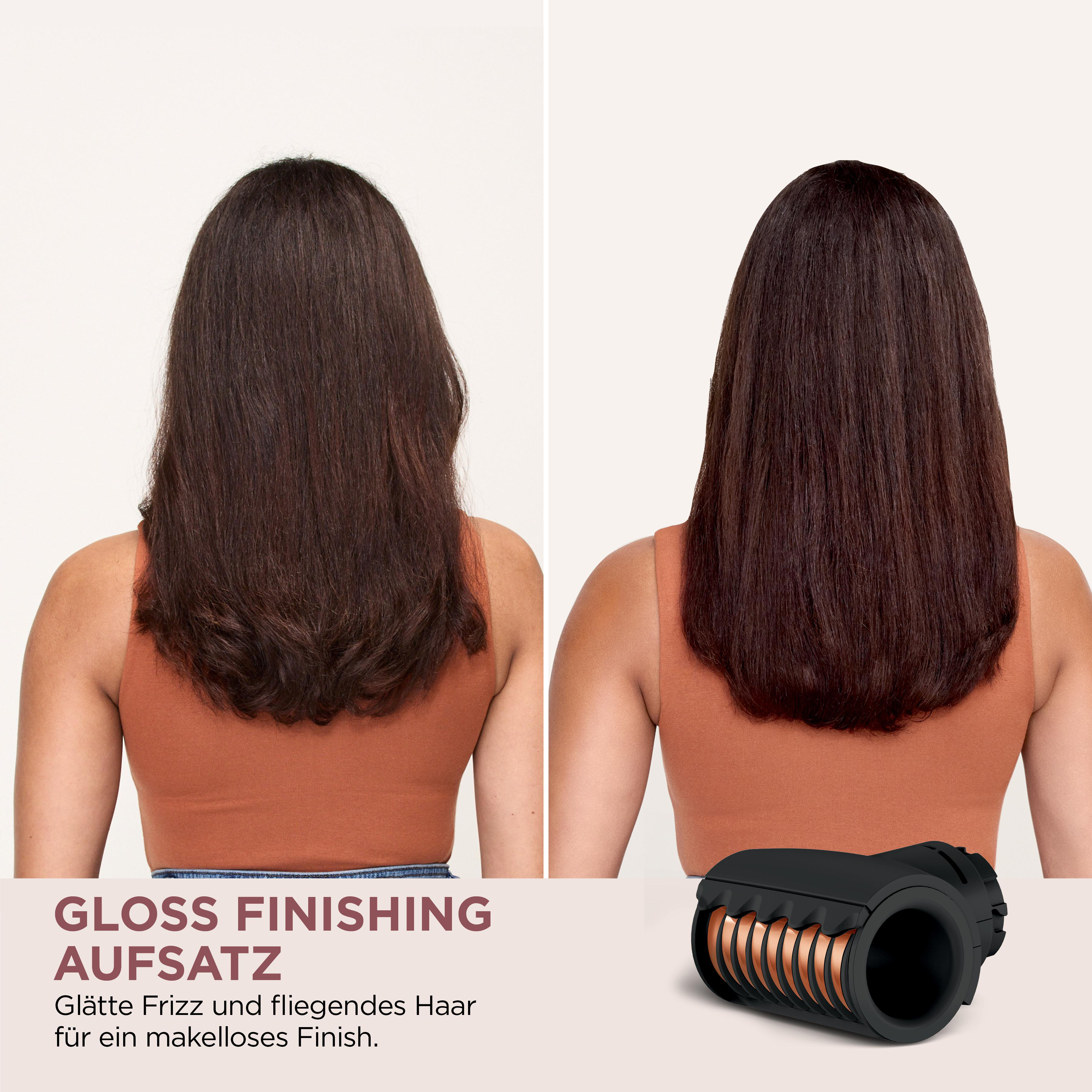 Haare einer Frau vor und nach dem Styling mit einem Glanz-Finishing-Tool.