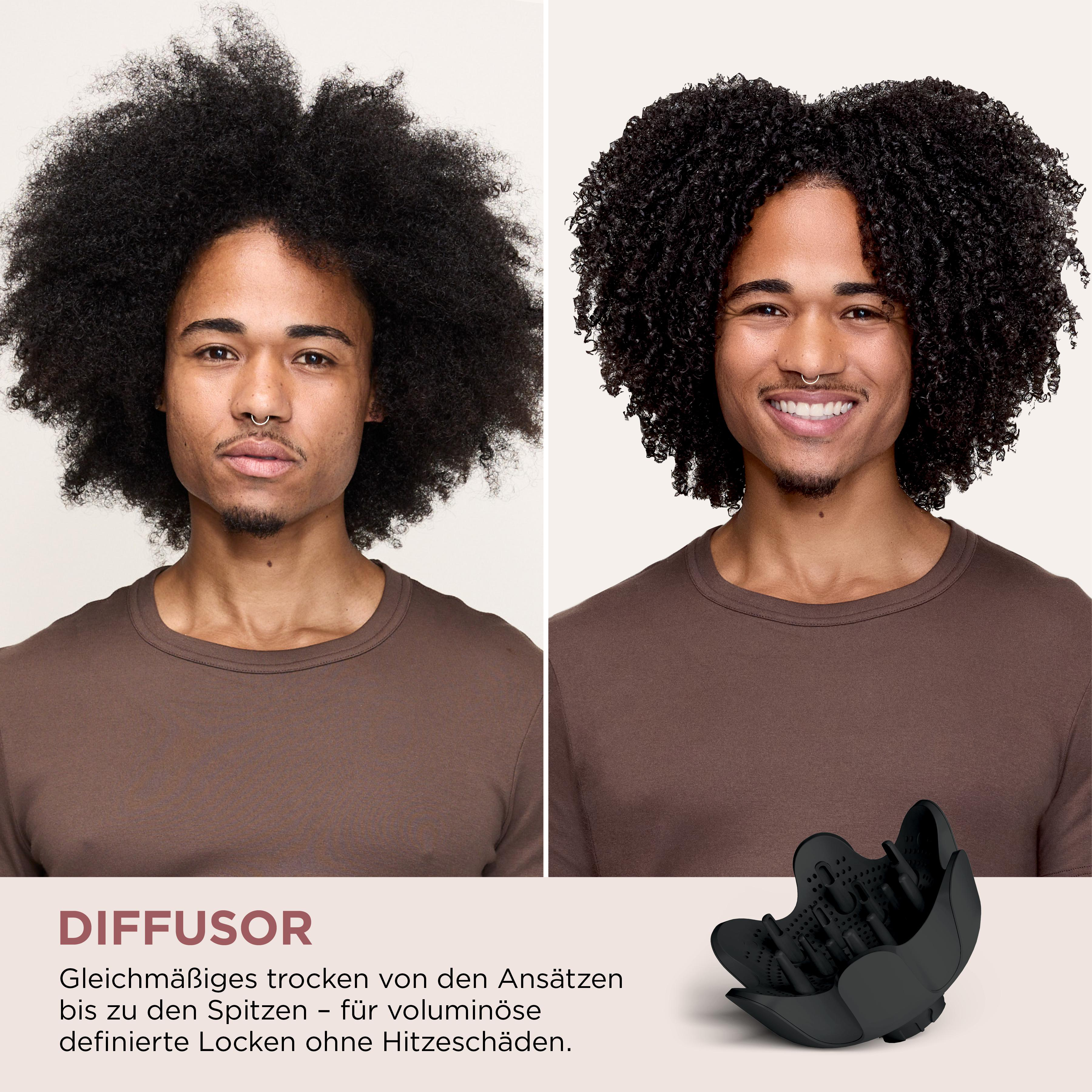 Zwei Fotos eines Mannes mit lockigem Haar, vor und nach der Verwendung eines Haardiffusors. Produkt unten.