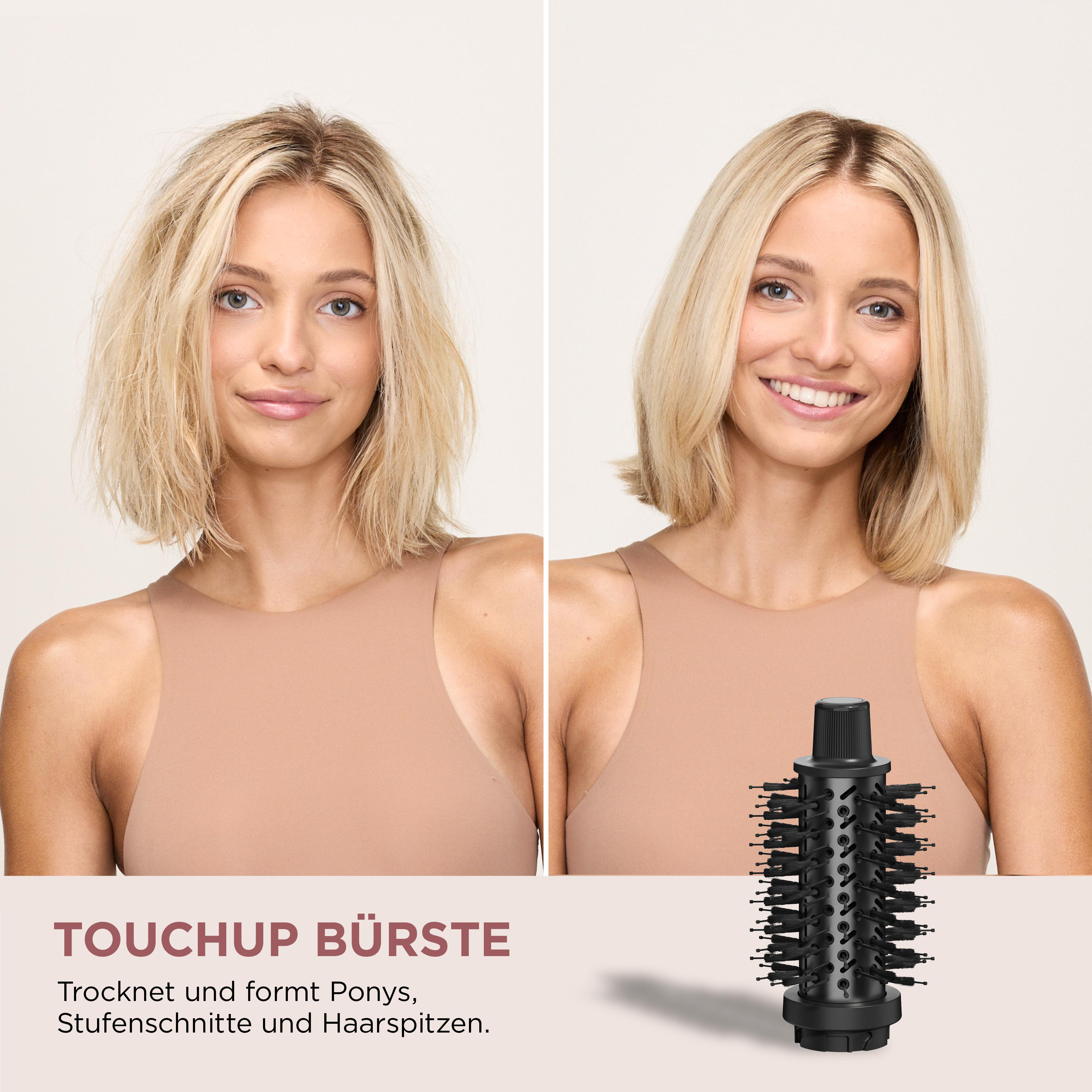Zwei Frauen: eine mit unordentlichem, eine mit gestyltem blonden Haar. Eine Haarbürste befindet sich unten.