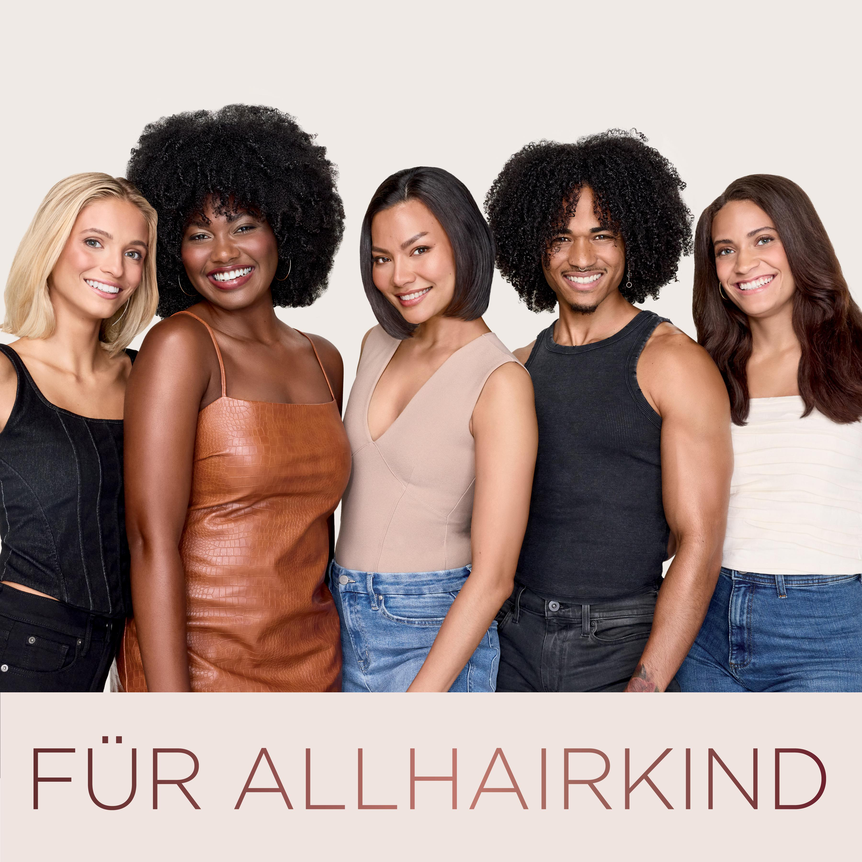 Gruppe verschiedener Menschen, die lächeln. Text: Für Allhairkind. Menschen verschiedener Rassen.