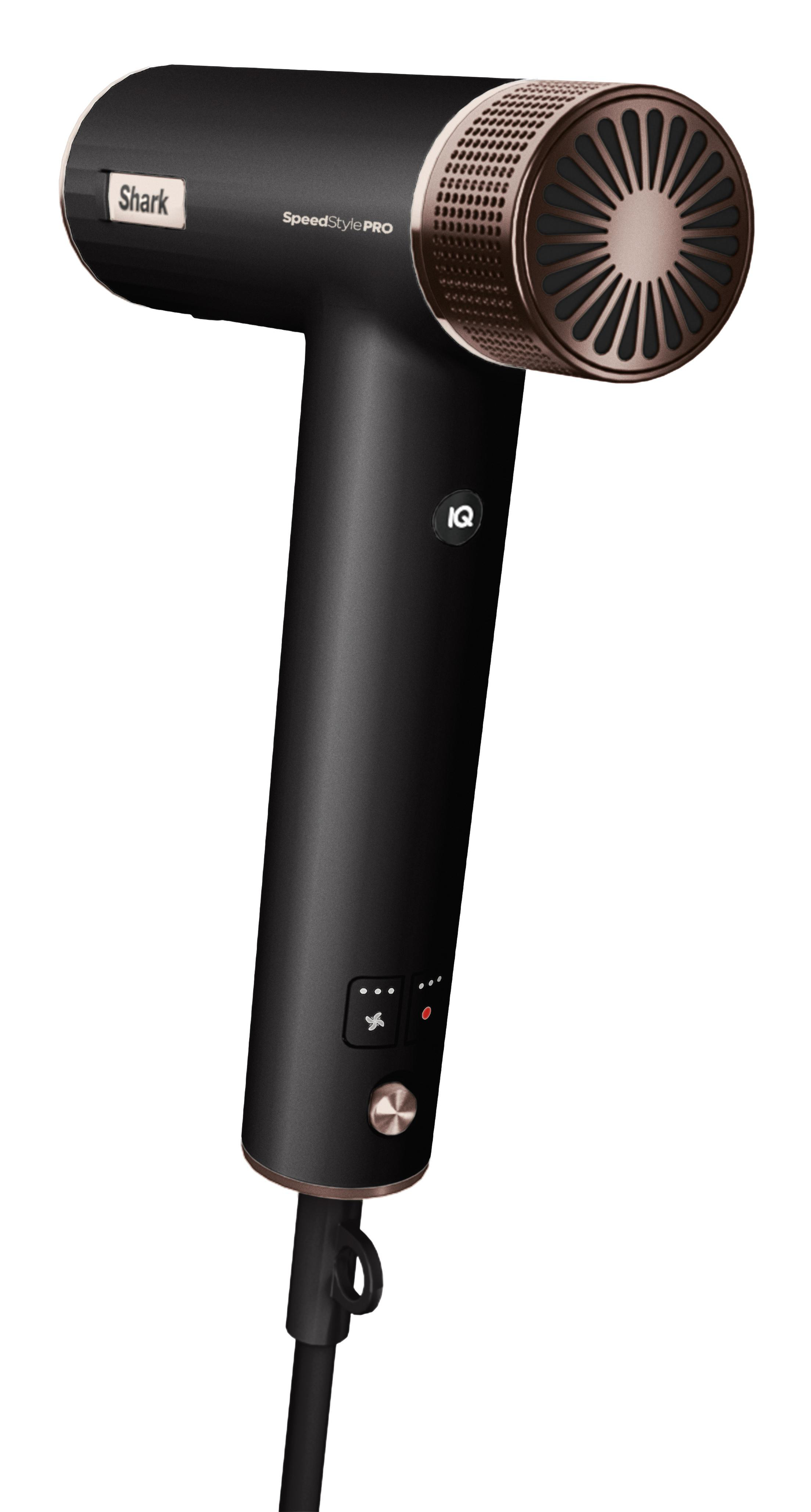 Shark SpeedStyle PRO Haartrockner, schwarzes Gehäuse mit Bronzeakzenten und IQ-Taste.