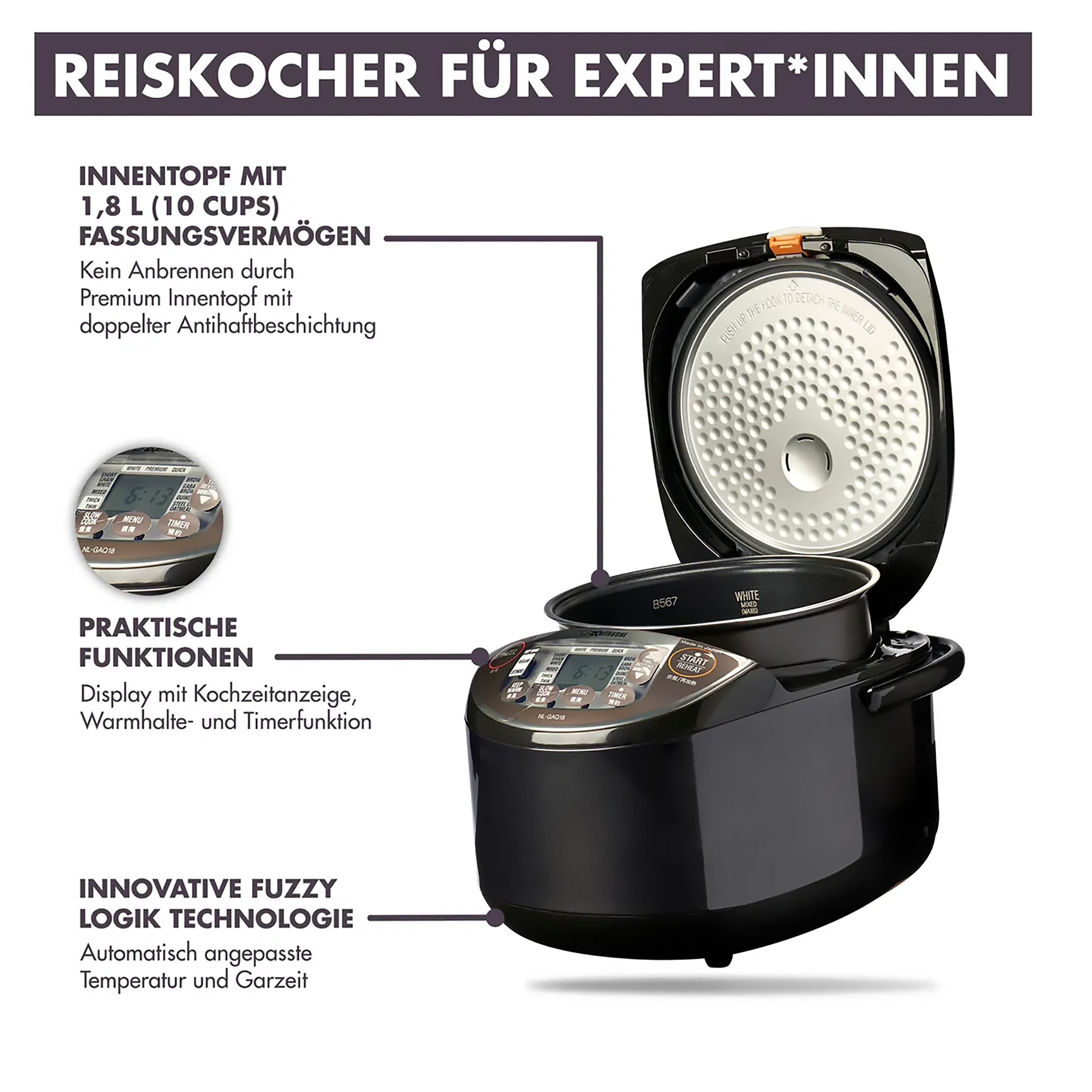 Ein offener Reiskocher mit beschrifteten Innenkomponenten. Text auf Deutsch beschreibt die Funktionen des Geräts.