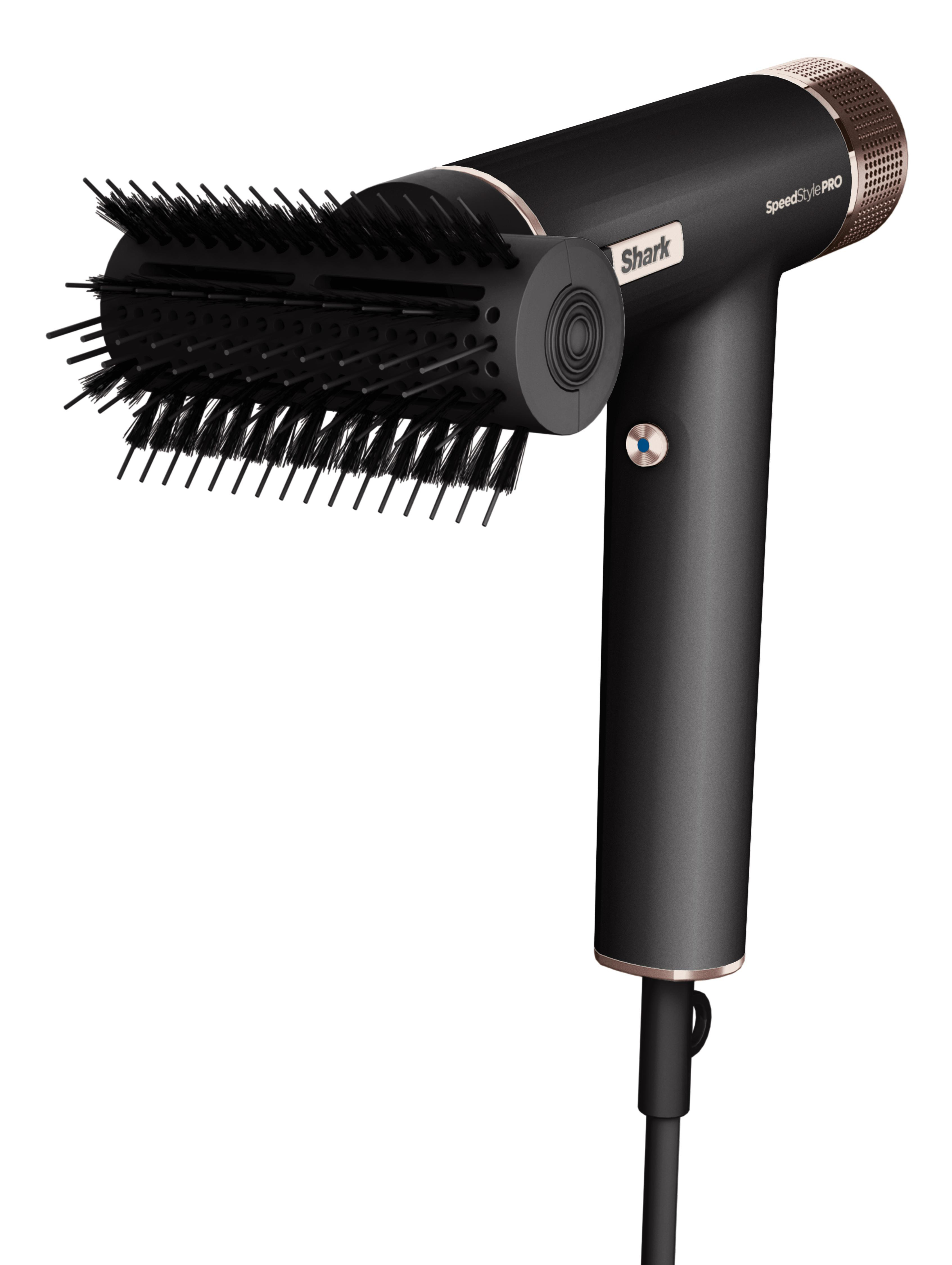 Schwarzer und goldener Shark SpeedStyle PRO Haarstyler mit Bürstenaufsatz.
