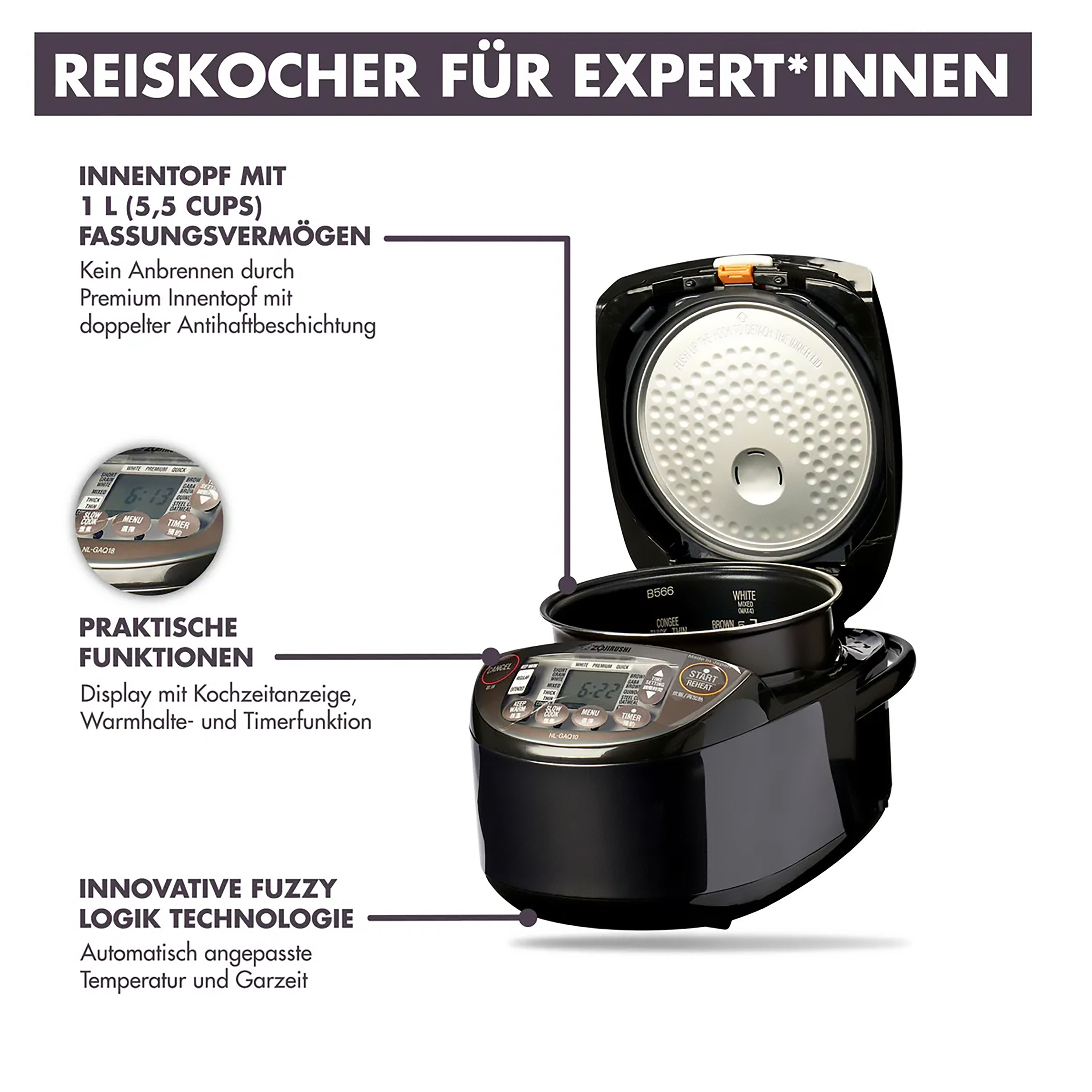 Reiskocher mit offenem Deckel, Display und Textbeschriftungen.