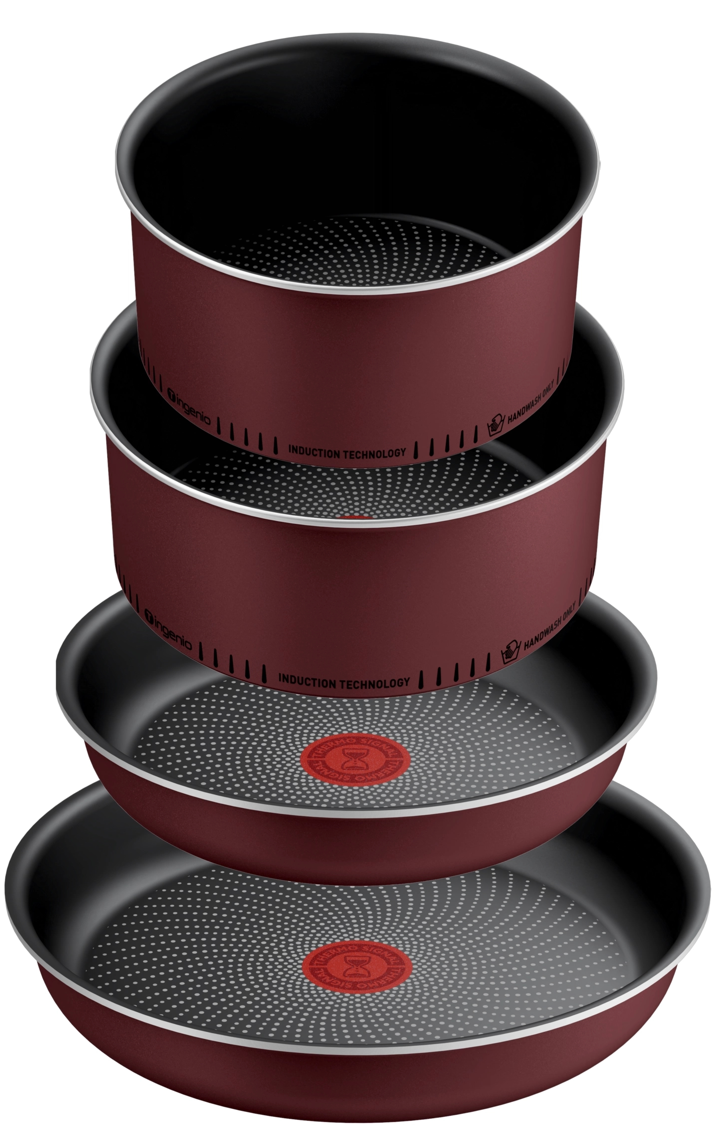 Stos bordowych patelni.