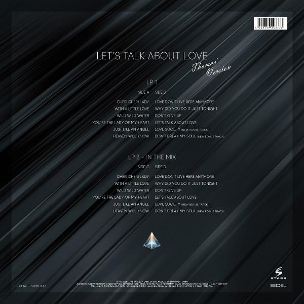 Album-Rückseite, Let's Talk About Love, mit Trackliste, Albumcover und Edel-Logo.