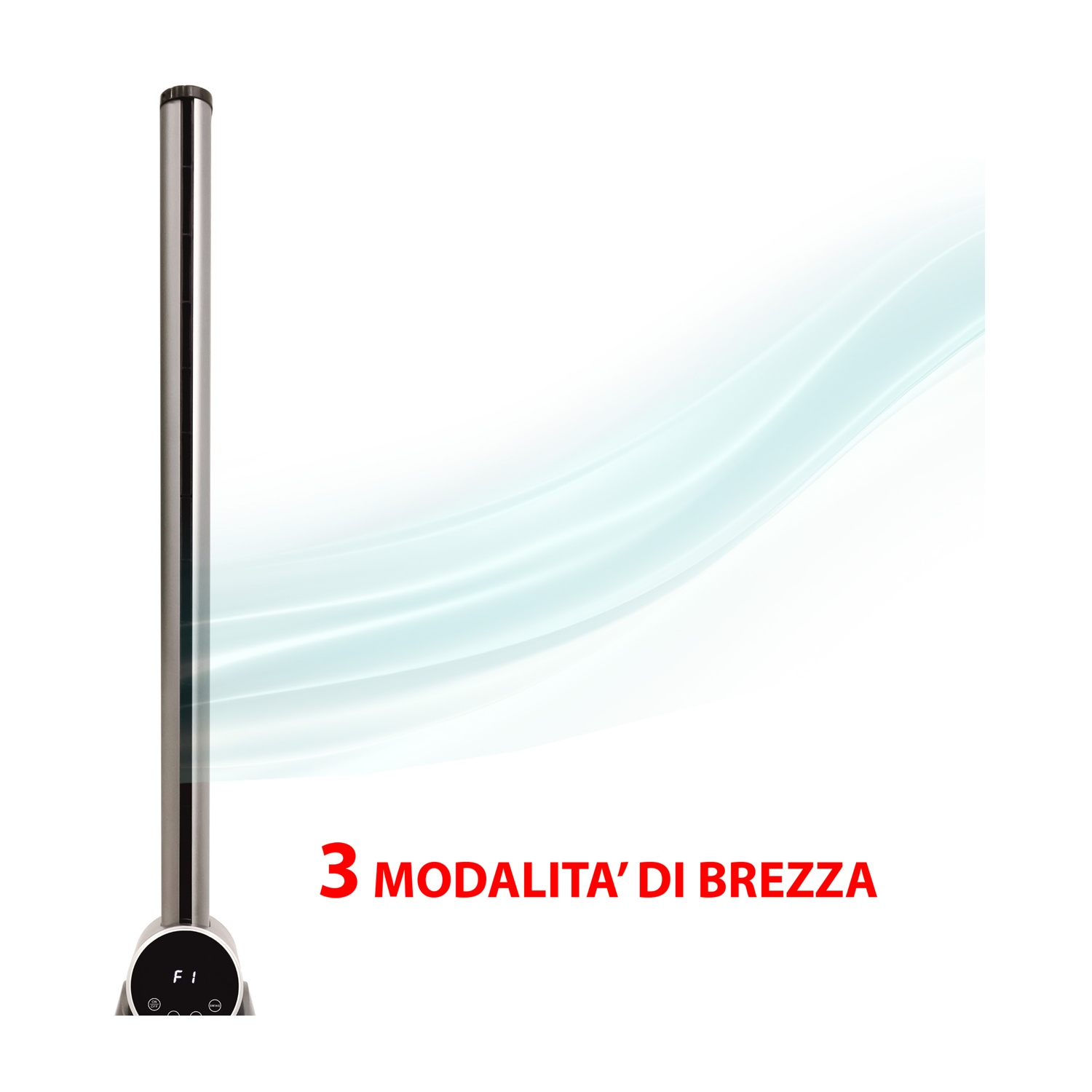 Ventilatore alto, argento, con testo: 3 MODALITA' DI BREZZA.