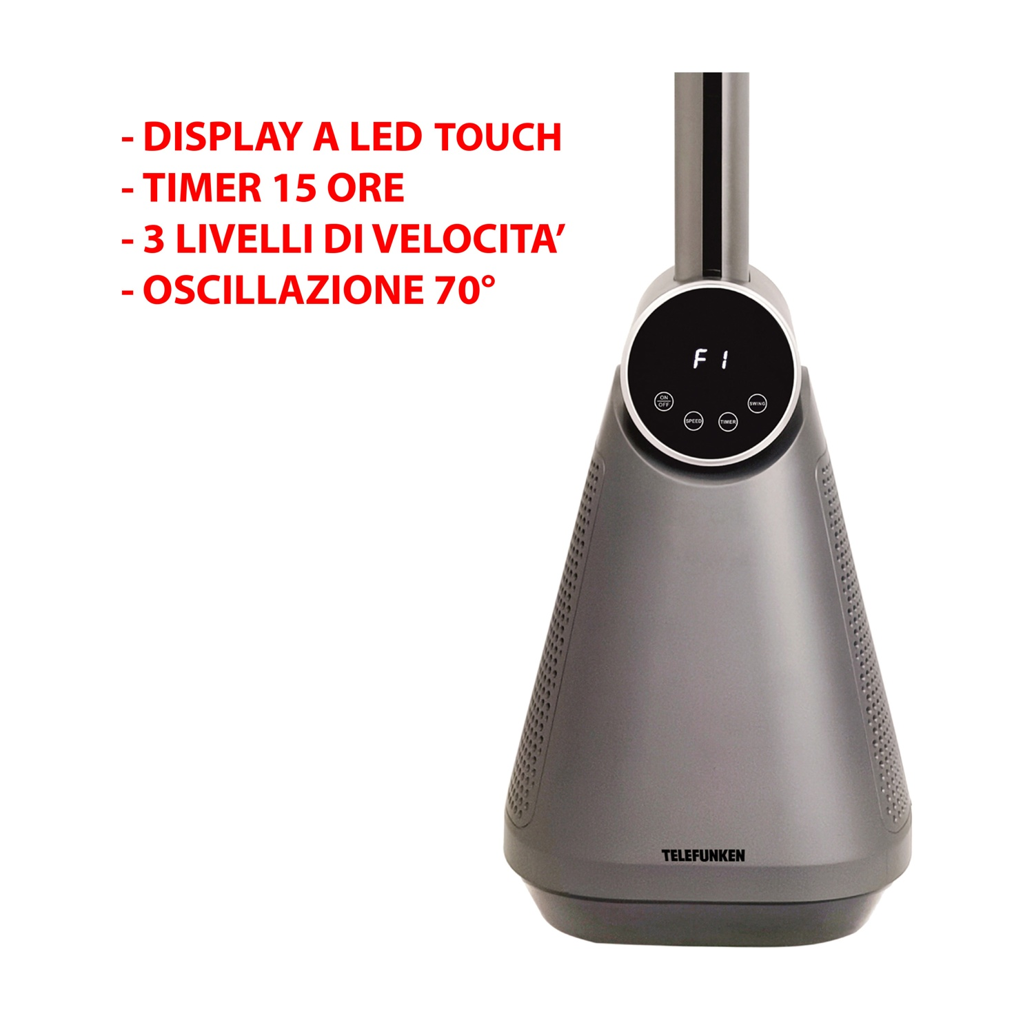 Un ventilatore Telefunken grigio con schermo. Il ventilatore è a forma di cono e ha pulsanti di controllo.
