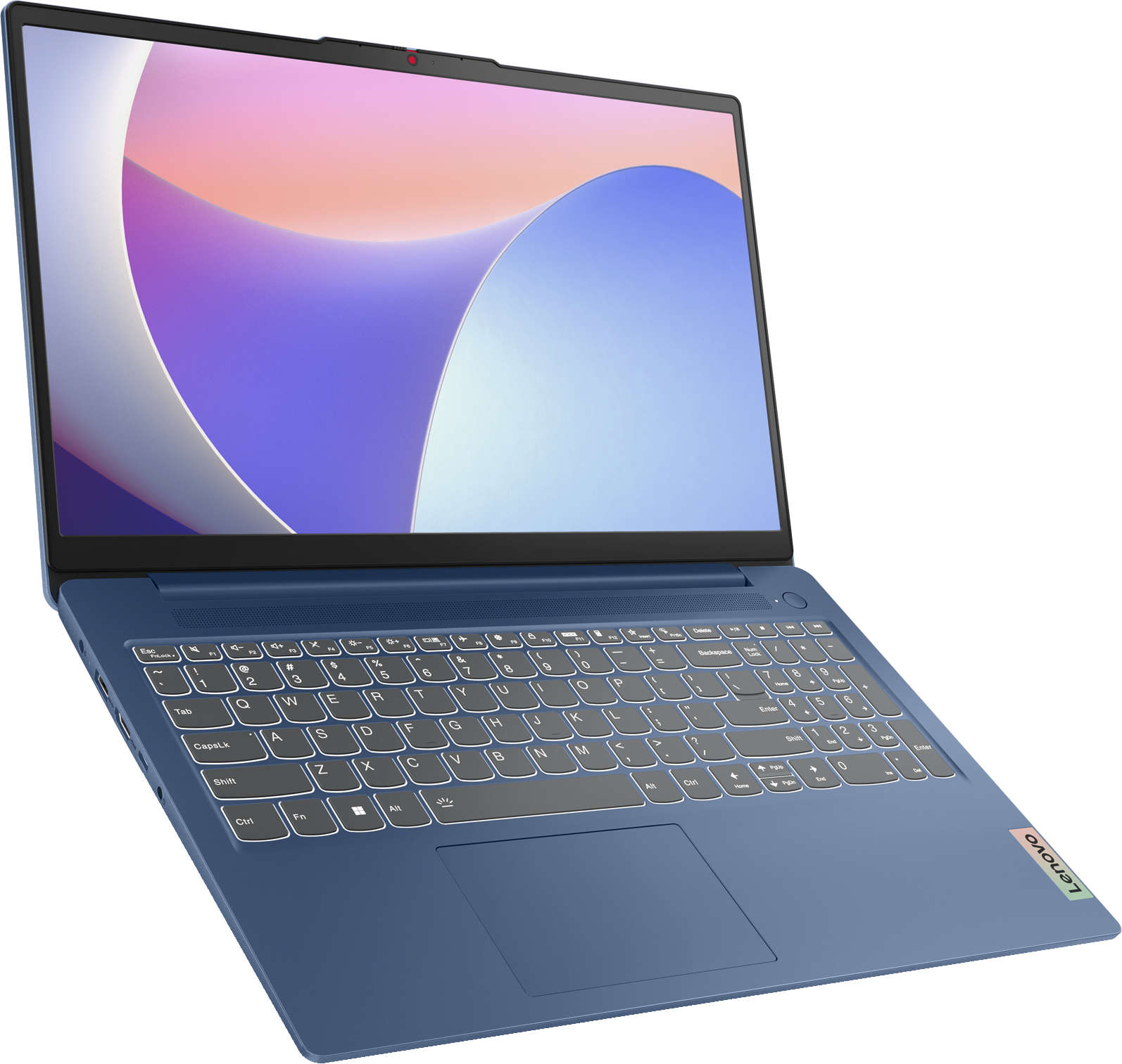 Kék laptop nyitva az asztalon. A kijelző világos színeket mutat. A billentyűzet és a trackpad látható.