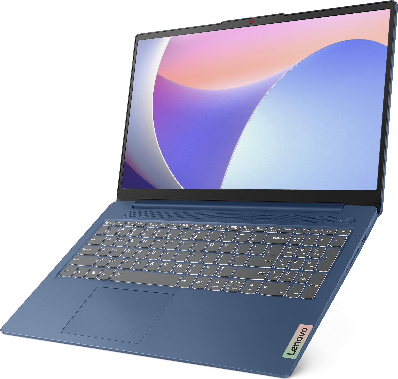 Kék laptop fekete felületen, nyitva a billentyűzettel és képernyővel.