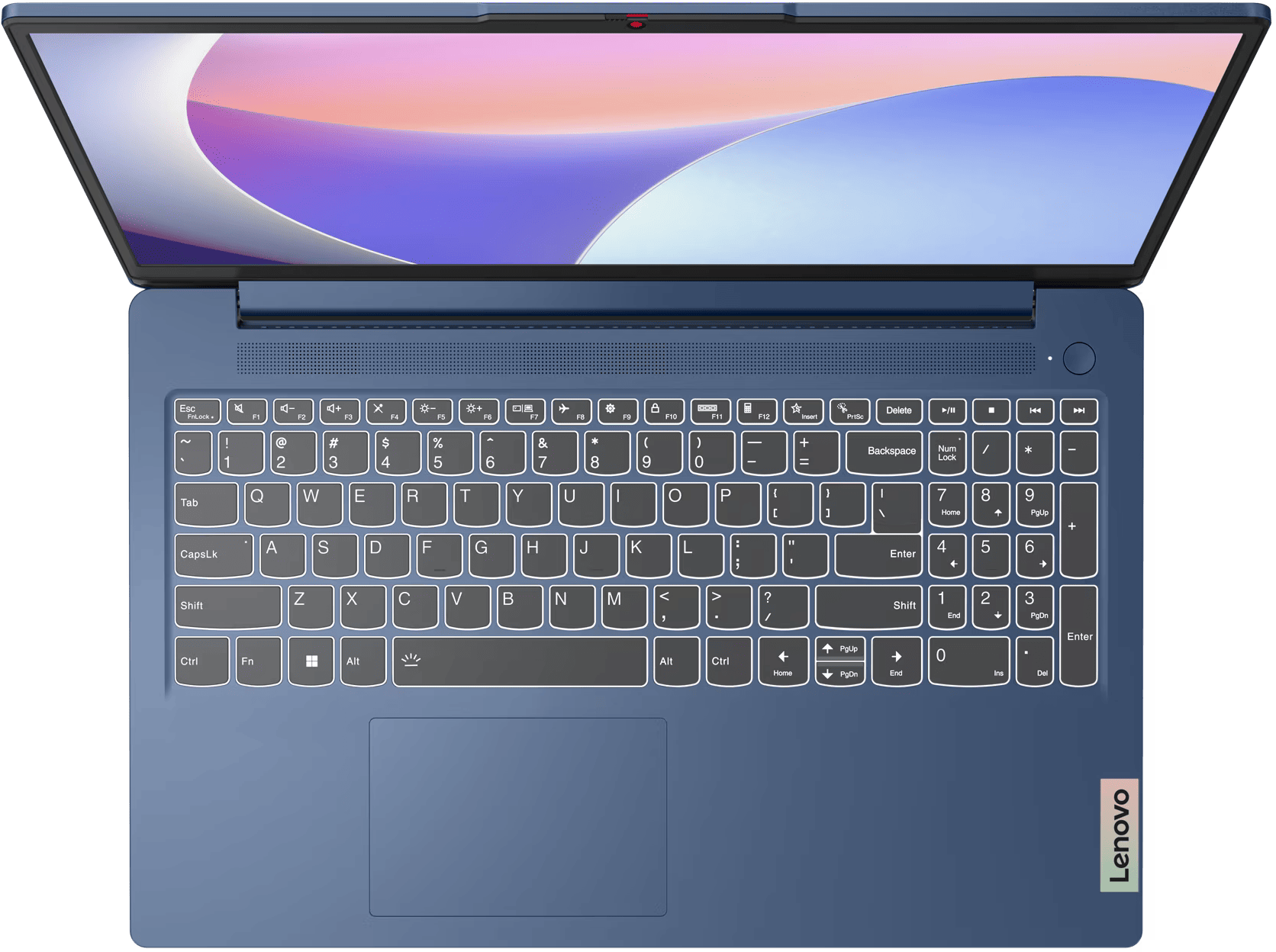 Kék laptop felülről, billentyűzettel és nyitott képernyővel.