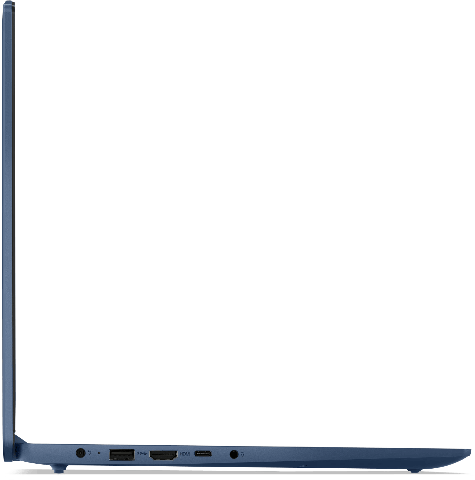Egy kék laptop oldalsó profilja fekete háttér előtt, portokat mutatva.