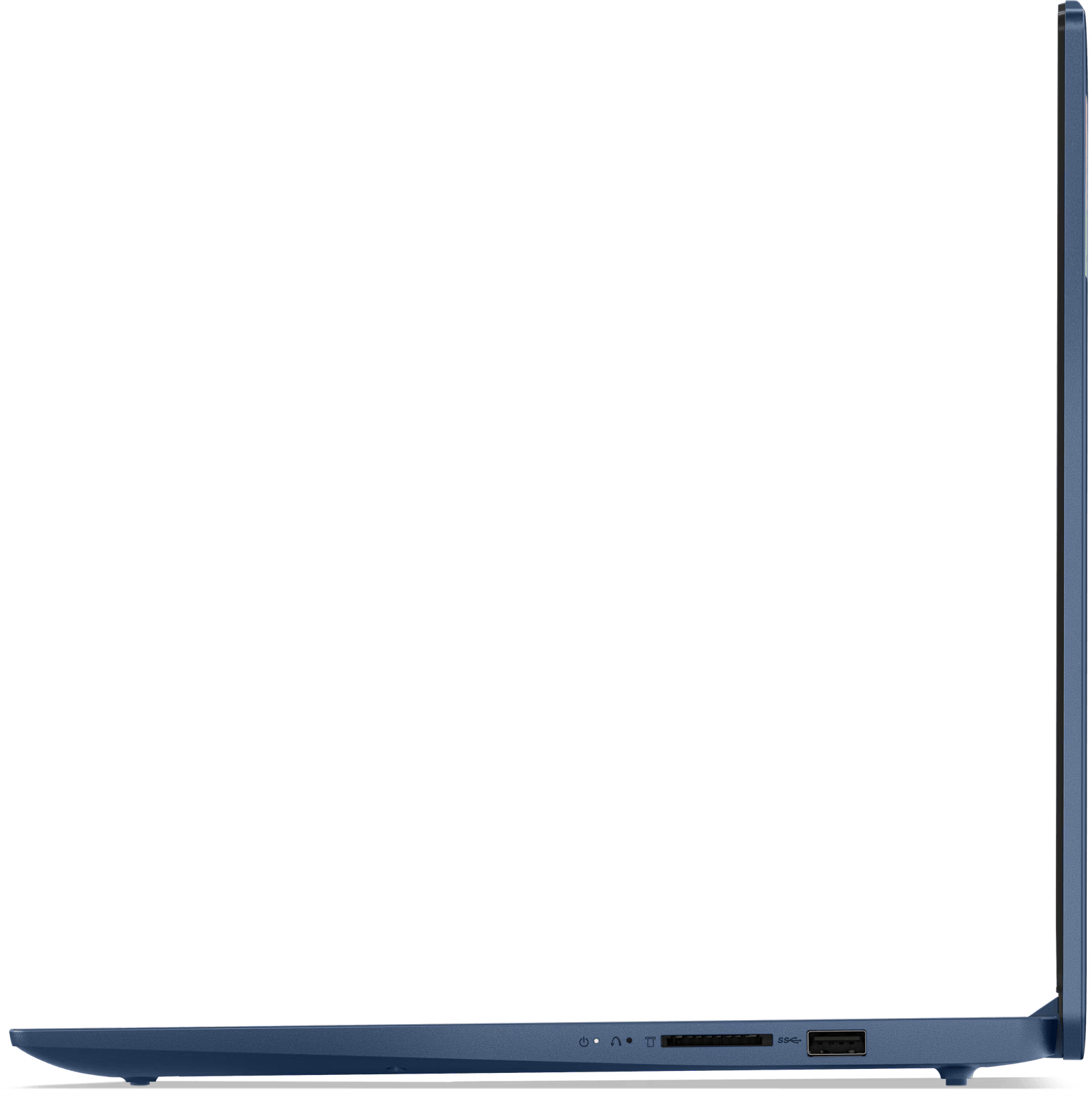 Kék laptop oldalsó nézete, látható portokkal.