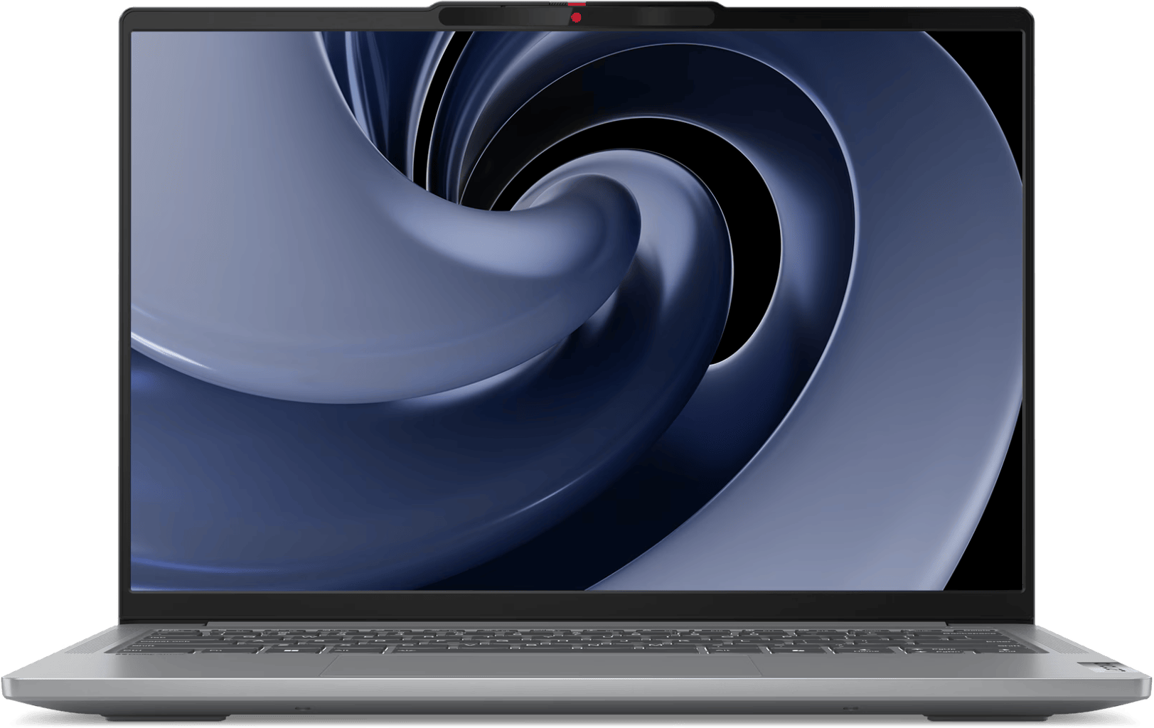 Laptop egy örvénylő kék és szürke mintával a képernyőn.