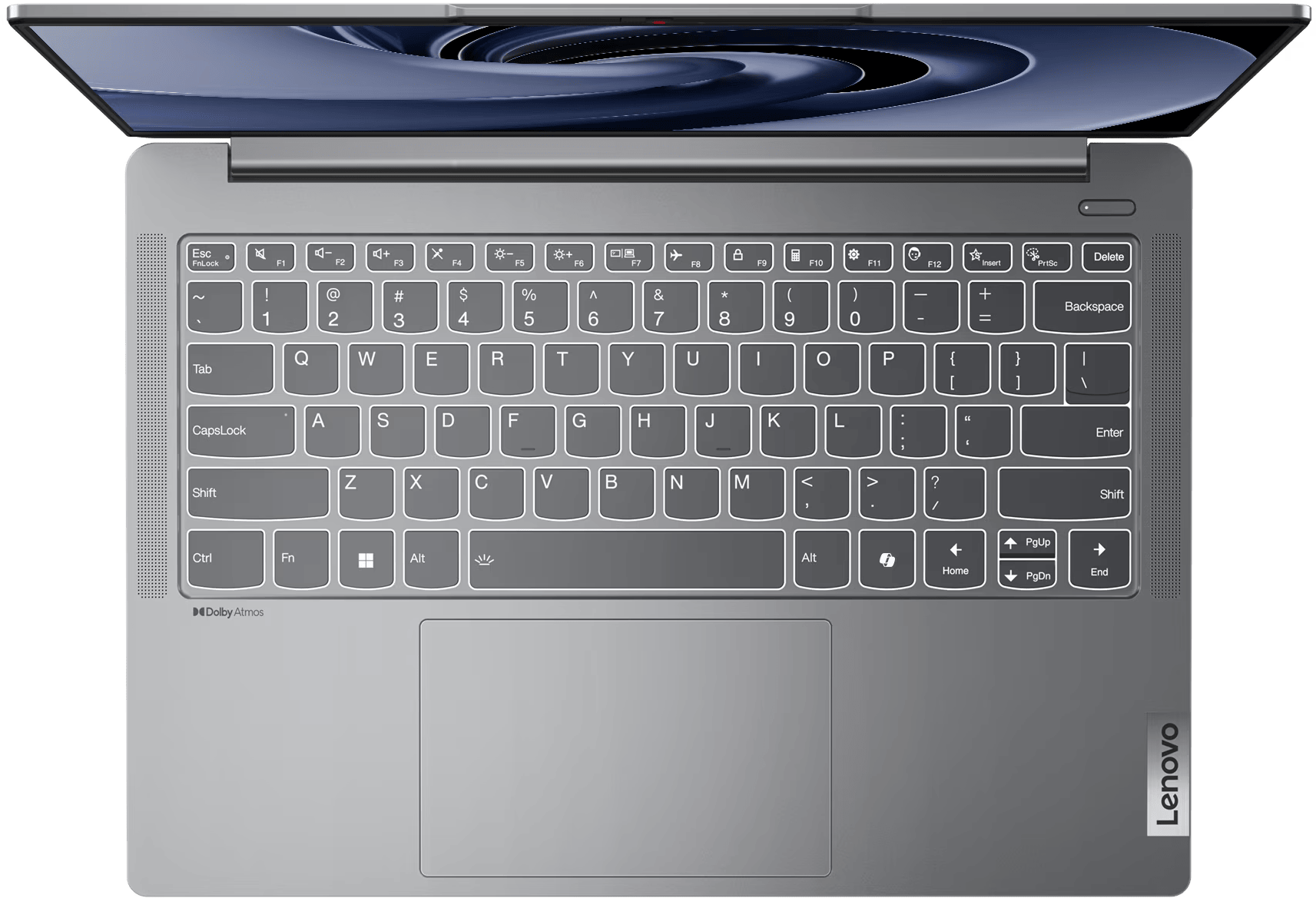 Felülnézet egy nyitott laptopról, billentyűzettel, touchpad-del és képernyővel.