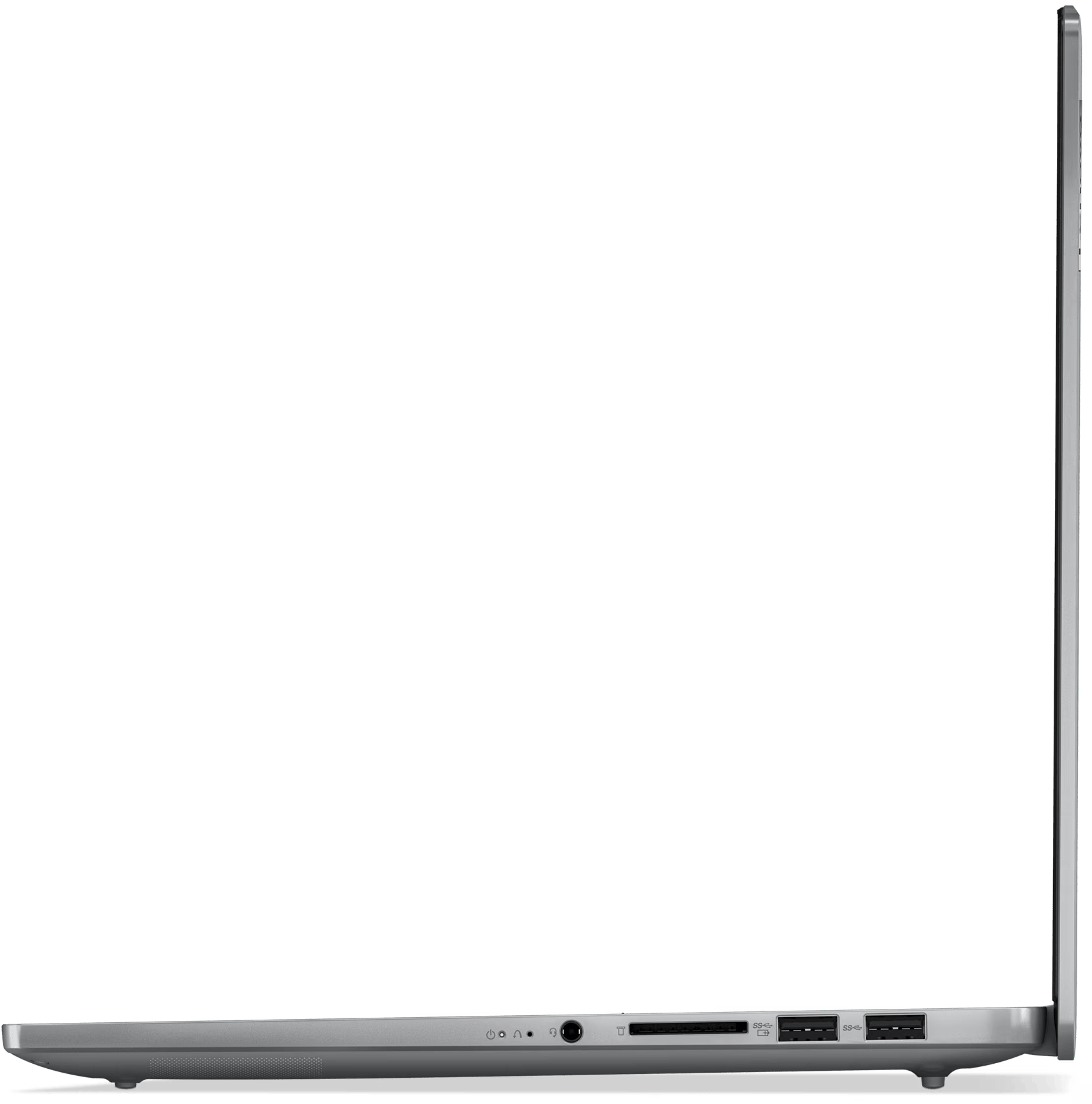 Laptop oldalsó profilja. Ezüst szín, portok láthatók az alsó szélen, fekete háttér.