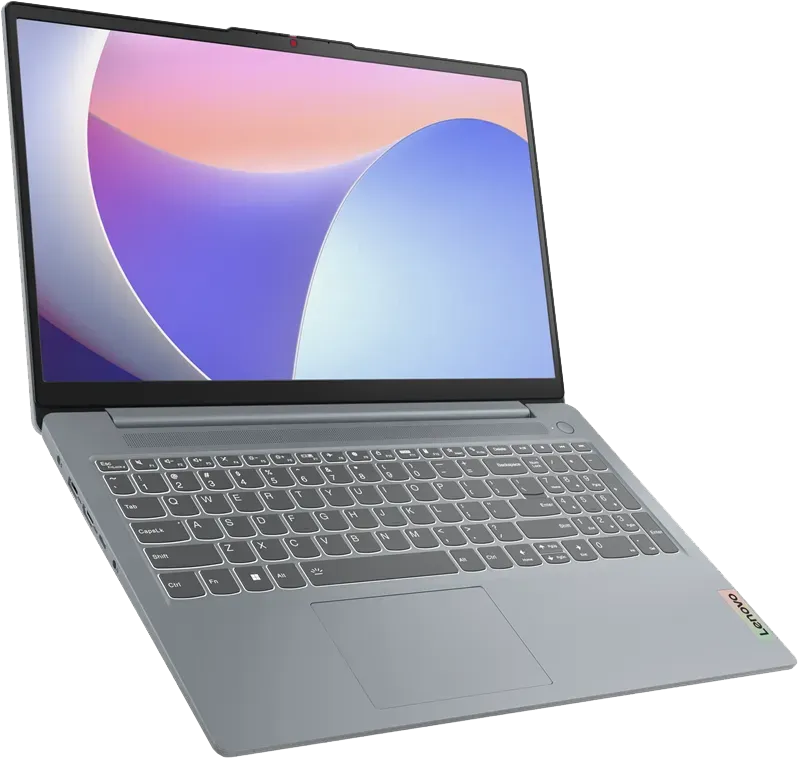 Ezüst laptop, nyitva, színes képernyővel, billentyűzet előtérben és szürke test.