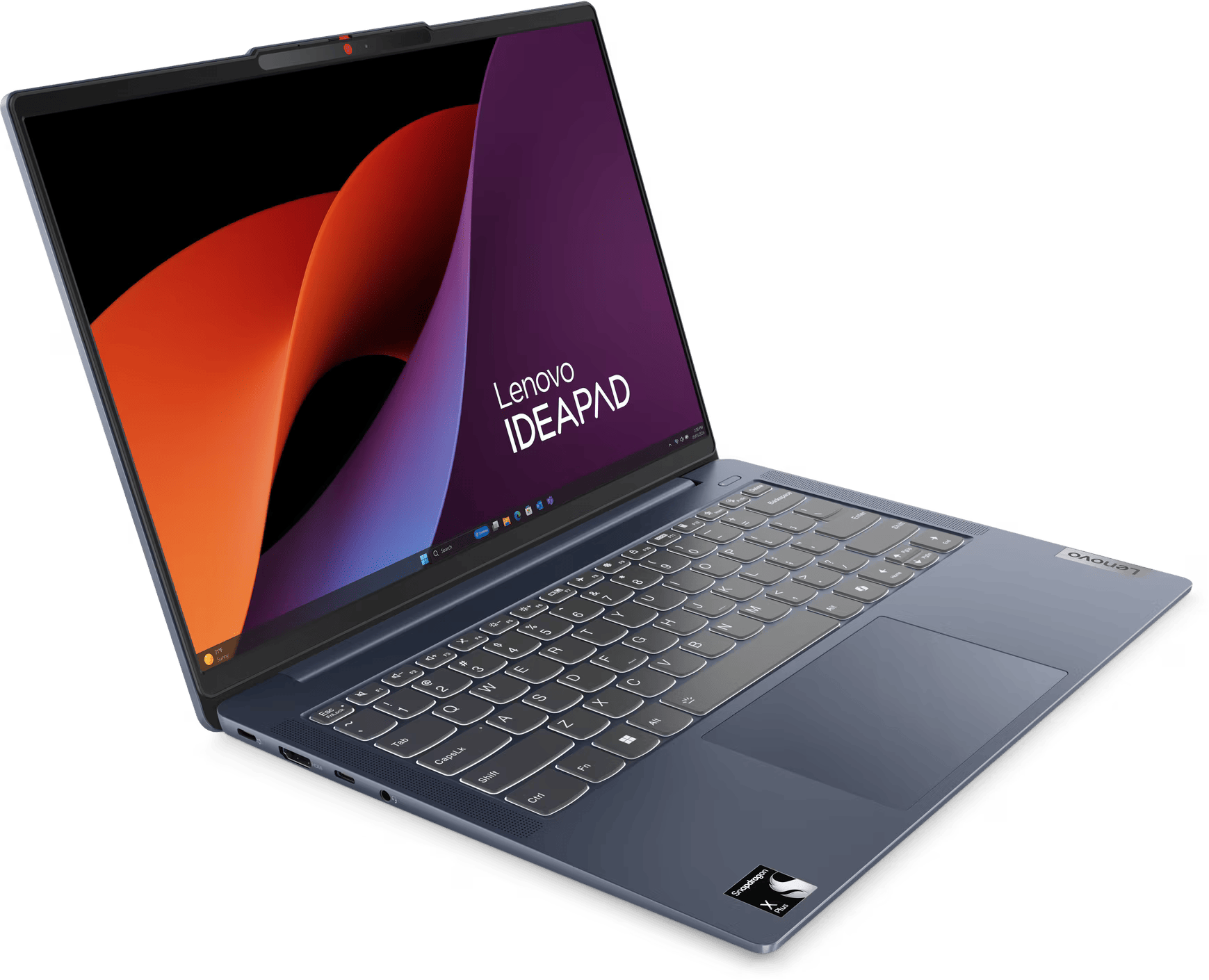 Lenovo IdeaPad laptop, nyitott, színes képernyővel és billentyűzettel, sötétkék felületen.