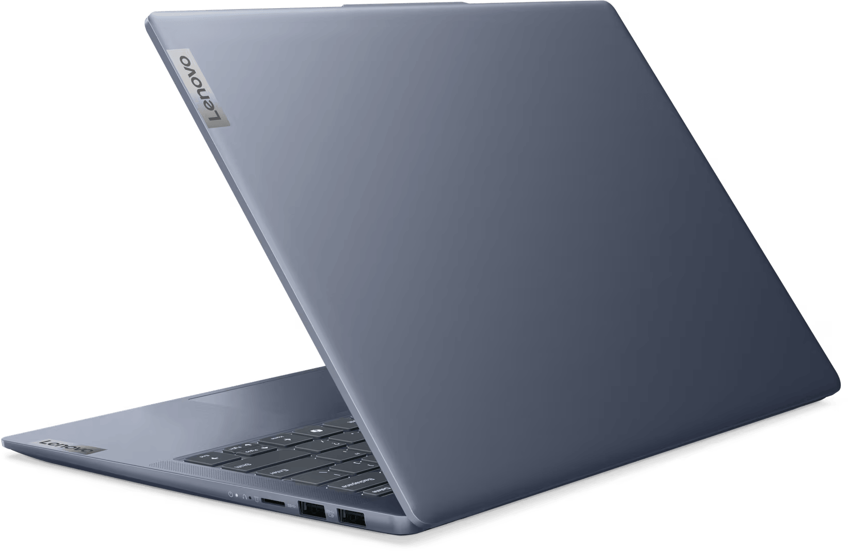 Kék laptop, hátulnézet, Lenovo logóval. Fekete háttér.