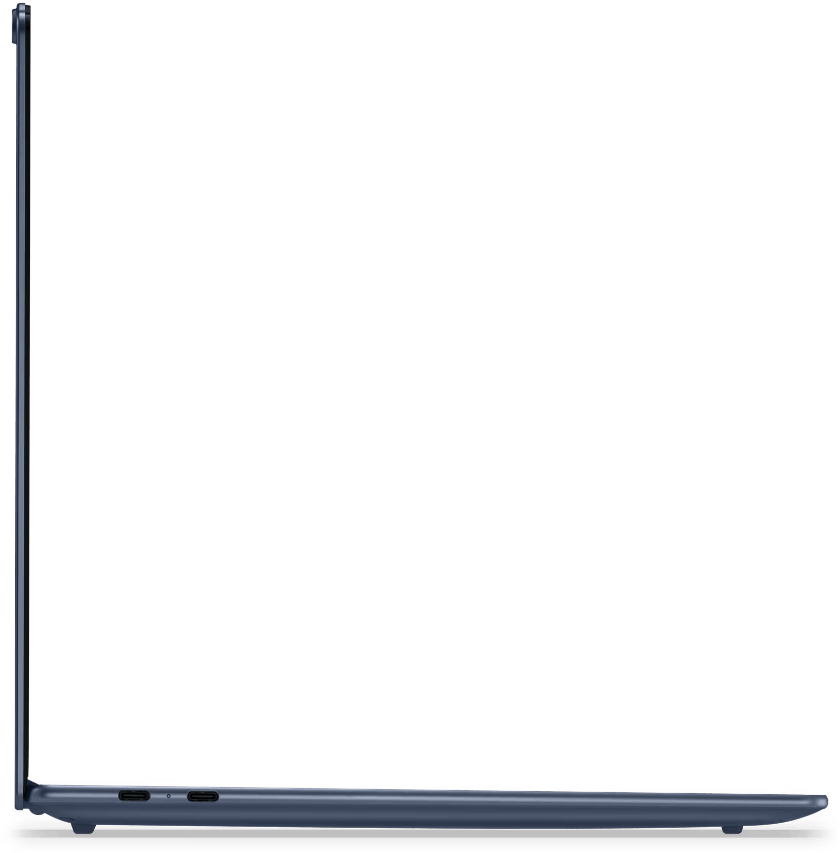 Egy sötétkék laptop oldalsó nézete. A képernyő fekete, a háttér fekete.