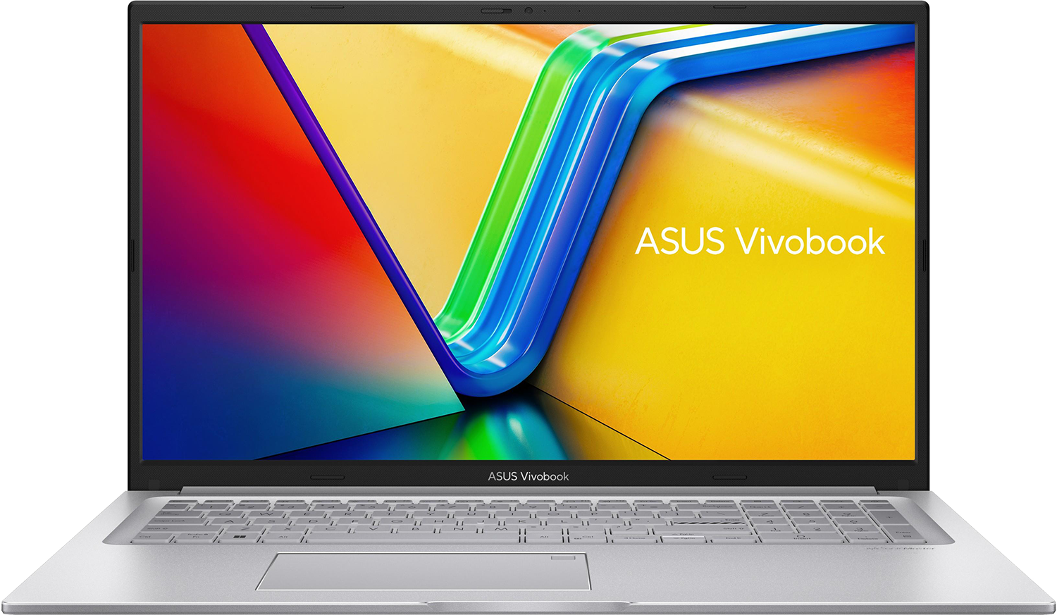 Ezüst laptop színes képernyővel. A képernyőn az 'ASUS Vivobook' felirat látható.