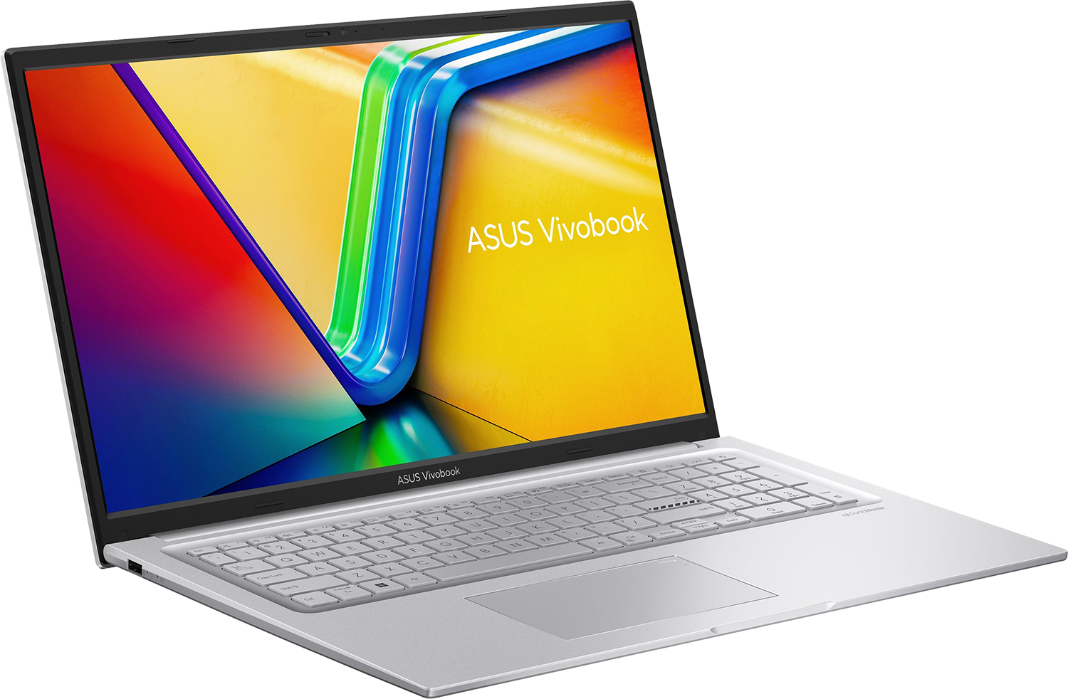 Ezüst Asus Vivobook laptop. A képernyő nyitva van, színes grafikákat jelenít meg. Billentyűzet látható.