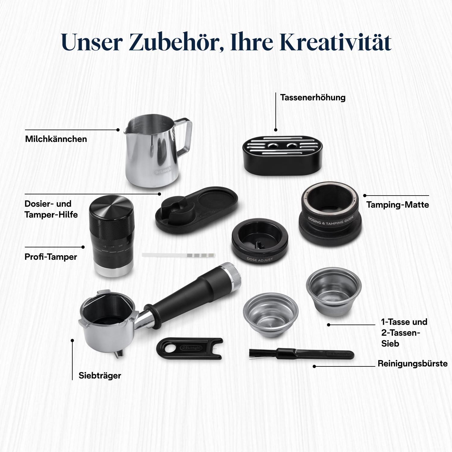 Verschiedenes Kaffeezubehör, darunter ein Milchaufschäumer und ein Tamper.