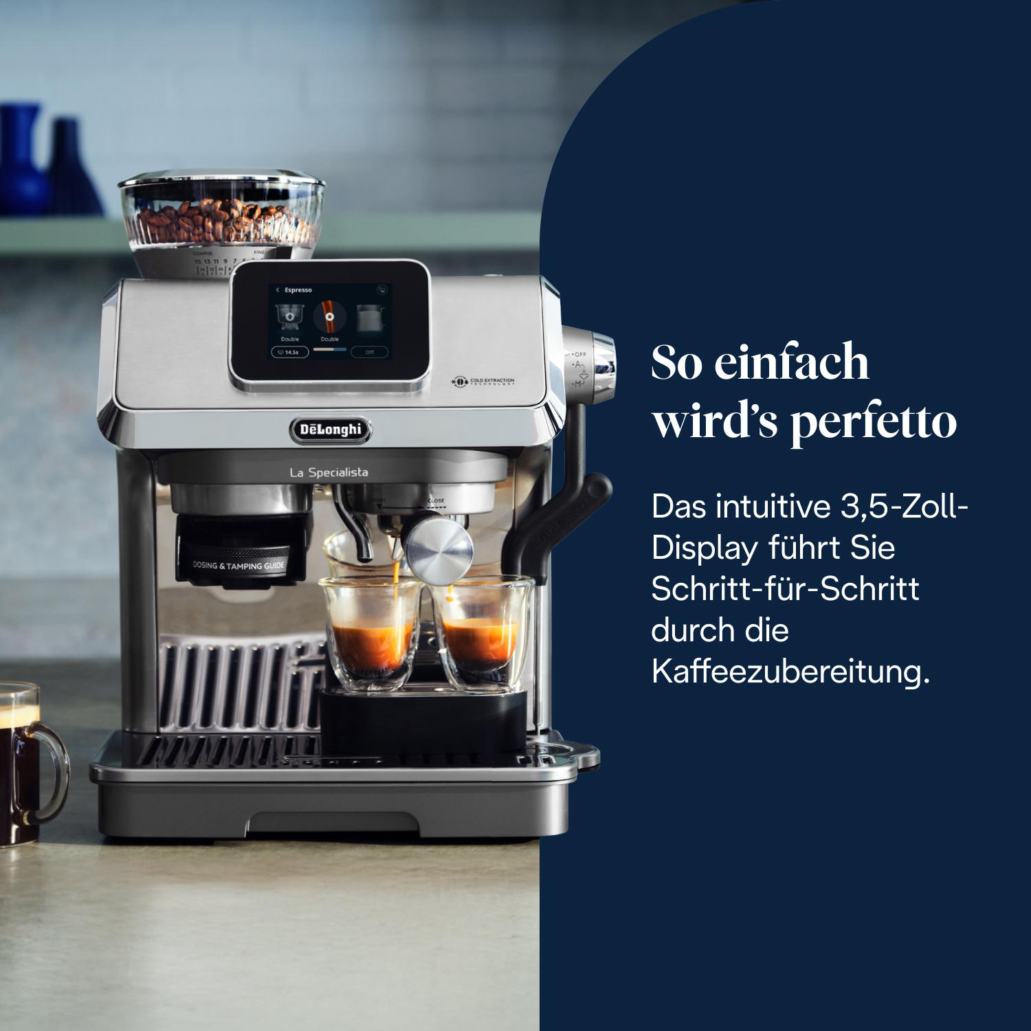 Kaffeemaschine mit Text auf Deutsch: So einfach wird's perfetto.