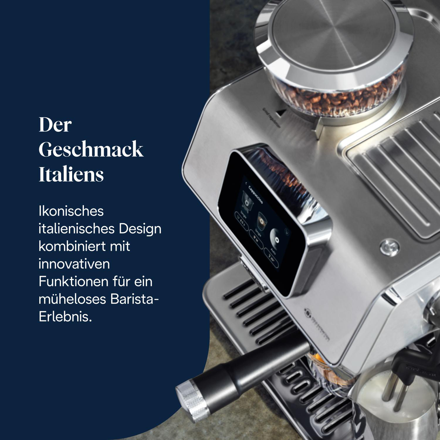Kaffeemaschine aus Edelstahl mit Text. Ein Kaffeebohnenbehälter befindet sich oben.